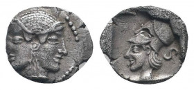 MYSIA.Lampsakos. Circa 500-450 BC. AR Trihemiobol. Janiform female heads, each wearing stephanos, with central earring / Head of Athena left, wearing ...