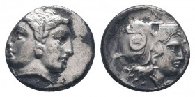 MYSIA.Lampsakos. Circa 390-330 BC. AR Diobol. Janiform female head,with circular earring / LAM, helmeted head of Athena right .SNG France 1193; SNG Au...