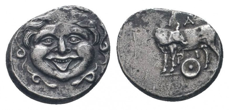 MYSIA.Parion. 4th century BC. AR Hemidrachm. Gorgoneion / Bull standing left, he...