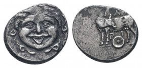 MYSIA.Parion. 4th century BC. AR Hemidrachm. Gorgoneion / Bull standing left, head right, round shield below. SNG France 1385-13866; SNG von Aulock 74...