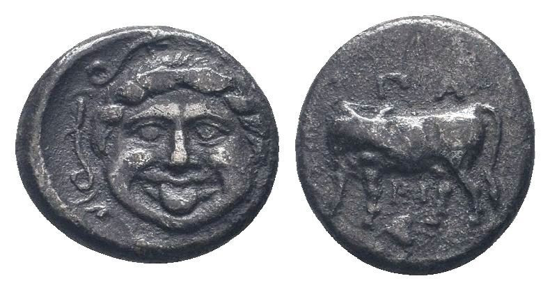 MYSIA. Parion. 4th century BC. AR Hemidrachm. Gorgoneion / ΠA–PI, bull standing ...