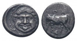 MYSIA. Parion. 4th century BC. AR Hemidrachm. Gorgoneion / ΠA–PI, bull standing left, head right.SNG France 1356-1391; SNG Aulock 1314-1324; BM 14-39....