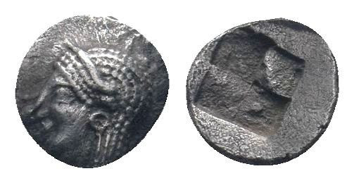 IONIA.Kolophon. Late 6th cCentury BC.AR Obol.Head of Apollo left / Quadripartite...