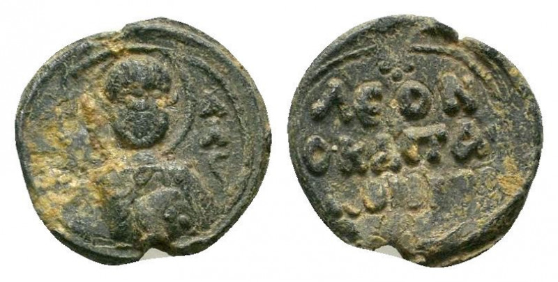 BYZANTINE LEAD SEAL.Circa 11 th Century.PB Seal.Nimbate facing bust of Saint Bas...
