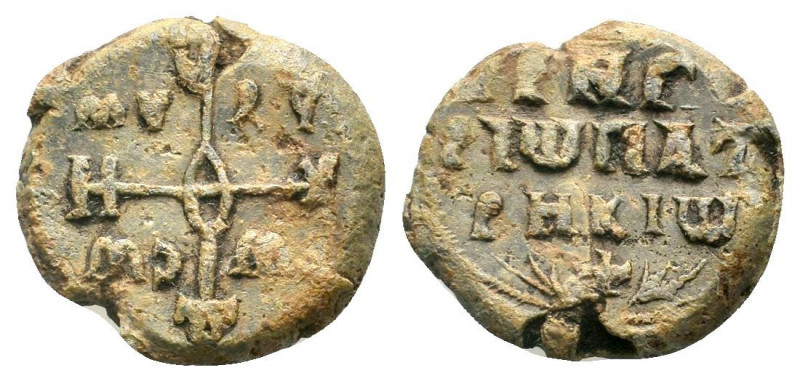 BYZANTINE LEAD SEAL.Circa 7 th-12th Century AD.PB Seal.Cruciform monogram / Lege...