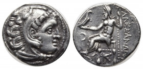 Kingdom of Macedon. Alexander III AR Drachm. Kolophon c. 310-301. Head of Herakles r., wearing lion skin / Zeus Aëtophoros seated l.; crescent in l. f...