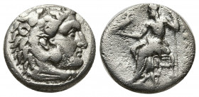 Kingdom of Macedon, Alexander III 'the Great' AR Drachm. Uncertain mint, Western Asia Minor (?), circa 323-280 BC. Head of Herakles right, wearing lio...