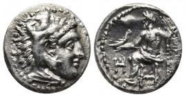 Macedonian Kingdom. Alexander III the Great. 336-323 B.C. AR drachm (18 mm, 4.07). Abydos mint, Struck 310-301 B.C. Head of Alexander as young Hercule...