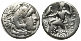 KINGS of MACEDON. Philip III Arrhidaios. 323-317 BC. AR Drachm (4.09 g, 17mm). Lampsakos mint. Head of Herakles right, wearing lion skin / Zeus Aëtoph...