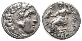 Kingdom of Macedon, Antigonos I Monophthalmos AR Drachm. In the name and types of Alexander III. Kolophon, circa 310-301 BC. Head of Herakles right, w...