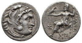 KINGS OF MACEDON. Alexander III 'the Great' (336-323 BC). Drachm. Abydos(?).
Obv: Head of Herakles right, wearing lion skin.
Rev: AΛΕΞΑΝΔΡΟΥ.
Zeus sea...