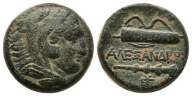 Macedonian Kingdom. Alexander III the Great. 336-323 B.C. AE 18 "unit" (17 mm, 7.01 g). Sardes mint, Struck 334-323 B.C. head of Alexander as Hercules...