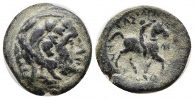 KINGS OF MACEDON. Kassander (317-305 BC). Ae. Uncertain mint.
Obv: Head of Herakles right, wearing lion skin.
Rev: BAΣIΛEΩΣ KAΣΣANΔPOY.
Rider on horse...