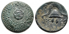 KINGS OF MACEDON. Philip III Arrhidaios (323-317 BC). Ae 1/2 Unit. Salamis.
Obv: Macedonian shield, with facing gorgoneion on boss.
Rev: B - A.
Helmet...