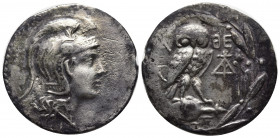 ATTICA, Athens, New Style. Tetradrachm; Attica, Athens, New Style; Two Monograms/Filleted Thyrsus, c. 144/3 BC, Tetradrachm, 16.01g, 32mm. Thompson-17...