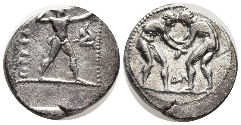 Pamphylia, Aspendos AR Stater. Circa 380-325 AD. Two wrestlers grappling; ΔA bel...