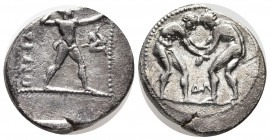 Pamphylia, Aspendos AR Stater. Circa 380-325 AD. Two wrestlers grappling; ΔA below / Slinger standing to right, preparing to launch sling-bolt; EΣΤFEΔ...