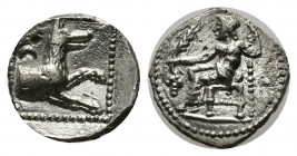 LYCAONIA, Laranda. Circa 324/3 BC. AR Obol (11 mm, 0.67 g). Baaltars seated left, torso facing, holding grain ear and grape bunch in extended right ha...