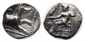 LYCAONIA, Laranda. Circa 324/3 BC. AR Obol (11 mm, 0.65 g). Baaltars seated left, torso facing, holding grain ear and grape bunch in extended right ha...