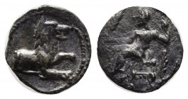 LYCAONIA, Laranda. Circa 324/3 BC. AR Obol (10mm, 0.60g) Baaltars seated left, holding grain ear, grapes, and scepter / Forepart of wolf right; invert...