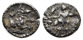 LYCAONIA, Laranda. Circa 324/3 BC. AR Obol (9.5mm, 0.45g) Baaltars seated left, holding grain ear, grapes, and scepter / Forepart of wolf right; inver...