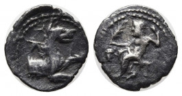 LYCAONIA, Laranda. Circa 324/3 BC. AR Obol (10mm, 0.51g) Baaltars seated left, holding grain ear, grapes, and scepter / Forepart of wolf right; invert...