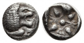 IONIA, Miletos. Late 6th-early 5th century BC. AR Obol (10mm, 1.08 g). Forepart of lion left, head right / Stellate floral design within square incuse...