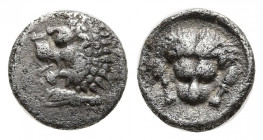 Caria, Mylasa AR Hemiobol. Milesian standard. Circa 420-390 BC. Forepart of roaring lion to right, head reverted, foreleg below / Facing forepart of l...
