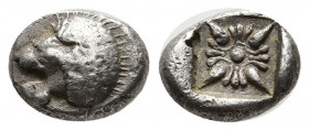 Ionia. Miletos circa 520-470 BC. Diobol AR 9mm., 0.89g. Forepart of lion to right, head turned back to left / Star-shaped floral ornament within incus...