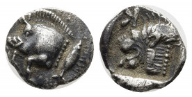 MYSIA, Kyzikos. Circa 525-475 BC. AR Obol (10mm, 0.75g). Forepart of boar left; tunny to right / Head of roaring lion left; K to upper left; all withi...