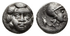 Pisidia. Selge circa 350-300 BC.
Obol AR
8.5mm., 0.93 g.
Facing gorgoneion / Helmeted head of Athena right; astragalos to left.
SNG France 1930; SNG A...
