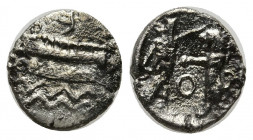 Samaria, 4th Century BC. AR Obol (1/16 sheqel) (9mm, 0.65g). Sidonian galley to left over waves. R/ Persian king fighting lion; O between. Meshorer an...