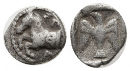 KINGS of THRACE. Sparadokos. Circa 445-435 BC. AR Diobol (10mm, 1.25 gm). Olynthos mint. Forepart of horse left, ΣΠ-Α clockwise around / Eagle flying ...