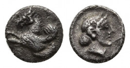 Karia, Mylasa(?) AR Hemiobol. Circa 4th century BC. Forepart of winged horse (Pegasos?) left / Diademed female head right, within shallow circular inc...