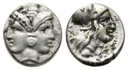 MYSIA, Lampsakos. Circa 390-330 BC. Diobol (Silver, 11mm, 1.26 g). Janiform female head,with circular earring. Rev. Λ[ΑΜ] Head of Athena to right, wea...