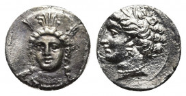 CILICIA. Uncertain. Obol (4th century BC).
Obv: Female head facing slightly left, wearing high sphendone, ornamented with palmette.
Rev: Head of Aphro...