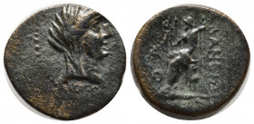 CILICIA. Adana. Ae (After 164 BC).
Obv: Veiled head of Demeter right.
Rev: A Θ / AΔΑΝΕΩΝ.
Zeus seated left, holding Nike and sceptre.
SNG Levante 1204...