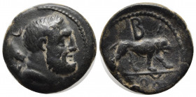 KINGS OF GALATIA. Amyntas. 39-25 B.C. Æ. 8.10 gm. 23 mm. Bearded head of Herakles right, club over shoulder; E C behind / Lion with open jaws walking ...