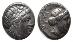 Lesbos, Mytilene AR Diobol. Circa 400-350 BC. Laureate head of Apollo r. / MYTI, Female head r. SNG Copenhagen 369 var; HGC 6, 1037 var. 1.32g, 10mm. ...