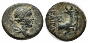 IONIA. Ephesos. Ae (Circa 390-320 BC). Egkairios, magistrate.
Obv: Diademed and draped bust of Artemis right, bow and quiver over shoulder.
Rev: Ε - Φ...