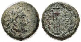 LYDIA. Thyateira. Ae (2nd century BC). Obv: Laureate head of Apollo right. Rev: ΘΥΑΤΕΙ / ΡΗΝΩΝ. Filleted tripod; monogram above; all within wreath. BM...