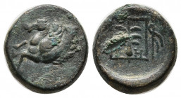 Skepsis, Troas. AE14. 400-300 BC. 2.98g. Forepart of Pegasos left / […]-H to left and right of fir tree within linear frame. Thyrsos in right field. A...
