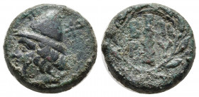 Troas, Birytis. civic issue. 4th-3rd centuries B.C. AE 20 (17 mm, 5.96 g). Beardless head of Kabeiros left, wearing pilos; stars flanking pilos / B - ...