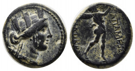 Phrygia. Apameia circa 100-50 BC. Pankra- and Zenon, magistrates. Bronze Æ 15mm, 5.59 g. Turreted bust of Artemis right, bow and quiver over shoulder ...