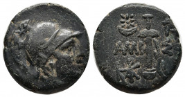 PONTOS. Amisos. Ae (Circa 120-85 BC). Time of Mithradates VI Eupator.
Obv: Helmeted head of Ares right.
Rev: AMIΣOY.
Sword in scabbard; left, monogram...