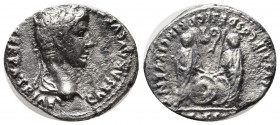 Augustus AR Denarius. Lugdunum, 7-6 BC. CAESAR AVGVSTVS DIVI F PATER PATRIAE, laureate head right / AVGVSTI F COS DESIG PRINC IVVENT, Gaius and Lucius...