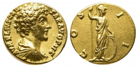 Marcus Aurelius, as Caesar, AV Aureus. Rome, AD 145-147. AVRELIVS CAESAR AVG PII F, bare-headed, draped and cuirassed bust to right / COS II, Minerva ...