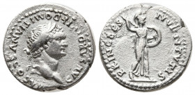 DOMITIAN (Caesar, 69-81). Denarius. Rome.
Obv: CAESAR DIVI F DOMITIANVS COS VII.
Laureate head right.
Rev: PRINCEPS IVVENTVTIS.
MInerva advancing righ...