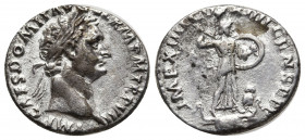 Domitian AD 81-96. Rome Denarius AR 17mm, 3,28g. IMP CAES DOMIT AVG GERM P M TR P VII, laureate head right / IMP XIIII COS XIIII CENS P P P, Minerva w...