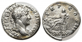 Hadrian AR Denarius. Rome, AD 119-122. IMP CAESAR TRAIAN HADRIANVS AVG, laureate bust right, with drapery on far shoulder / P M TR P COS III, Salus se...